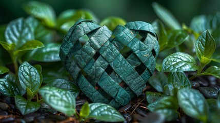 Woven heart rests in verdant greenery. Dark stones nestle at the base. Fresh, inviting