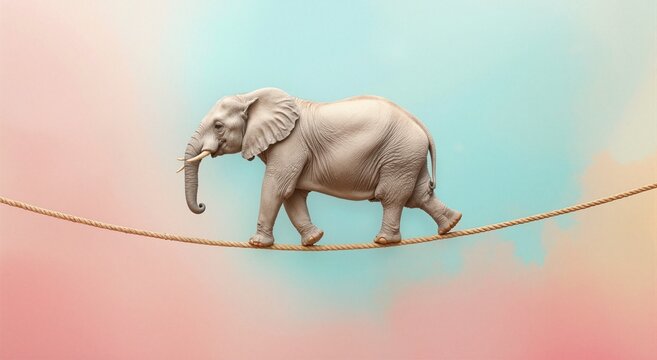 Surreal image of a pale elephant walking on a tightrope against a pastel pink and blue background. A whimsical and imaginative concept mixing strength, balance, and visual storytelling.