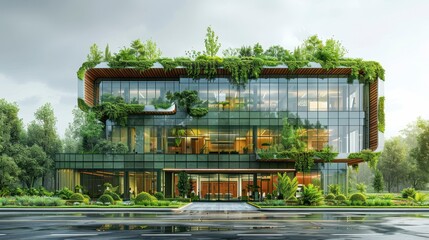 Glass building adorned with greenery, rooftop garden