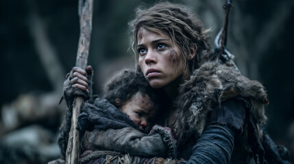 Neanderthal Holding a Spear While Protecting a Child in a Prehistoric Forest Setting