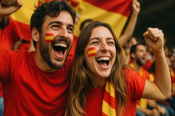 Overjoyed Spanish couple celebrates, faces painted, in stadium stands. Concept of: National sports passion.
