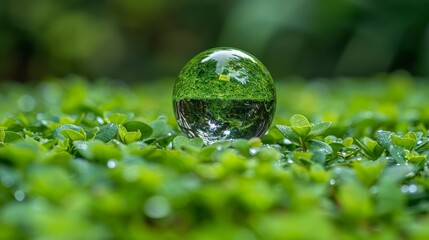 Glass orb in green foliage reflects upside-down landscape, soft focus background
