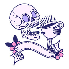 traditional tattoo with banner of a skull drinking coffee in bright neon color