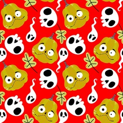Fototapeta premium Autumn harvest vegetable seamless monster Halloween pumpkins pattern for wrapping paper and fabrics 