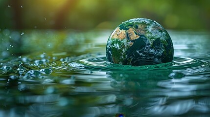 Earth globe in green water, ripples form. Bokeh. Bright
