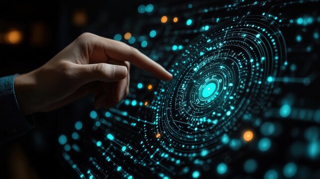 Close-up of a hand pointing to a futuristic digital interface featuring interconnected circles and glowing points, demonstrating innovation.