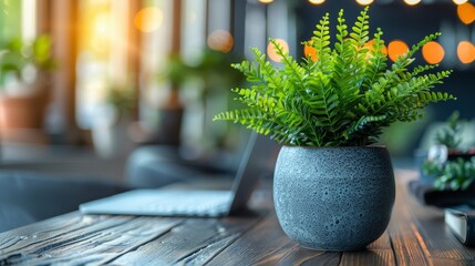 Fern in grey pot on wooden table, laptop blurred, sunny bokeh background