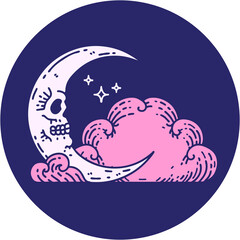 iconic tattoo style image of a skull crescent moon and clouds in bright neon color