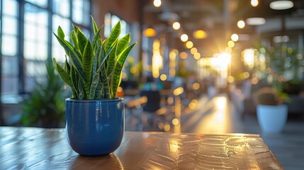Plant sits on wood surface, sunlight streaming through windows into open space