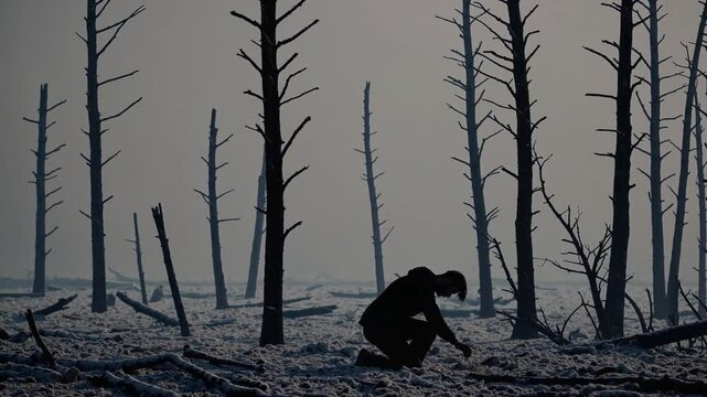 Homme agenouill&eacute; dans une for&ecirc;t br&ucirc;l&eacute;e et d&eacute;vast&eacute;e