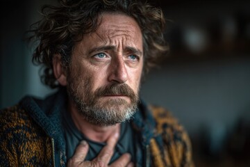 Obraz premium Man with curly hair and beard, holding his chest in distress, expressing concern and fear, in a softly lit indoor environment, illustrating the seriousness of a heart attack