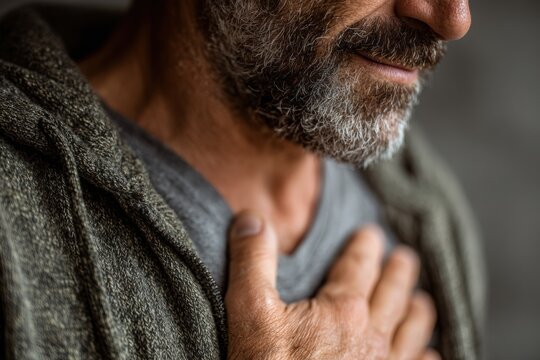 Middle-aged man with gray beard, wearing a cozy sweater, is holding his chest in discomfort, illustrating the serious symptoms of a heart attack and the need for immediate medical attention