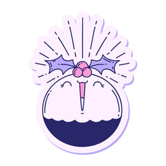 sticker of a tattoo style singing christmas pudding in bright neon color