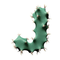 Abstract Green Cactus J with Unique Shapes and Spikes on White Background