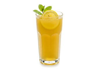 Fresh sugarcane juice in a tall glass with a slice of lemon and mint garnish, white background for contrast.