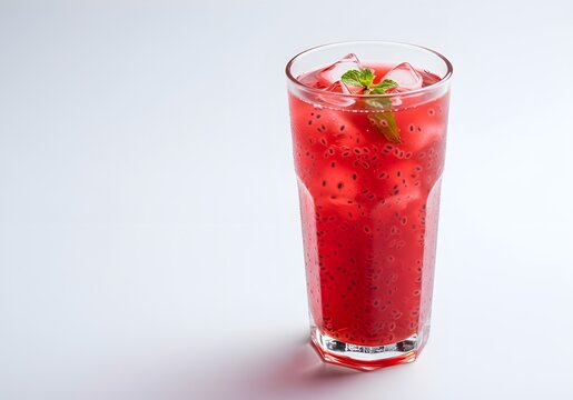 A vibrant red Rooh Afza sharbat with ice cubes and basil seeds, garnished with mint, served in a transparent glass, crisp white background.