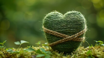 Green yarn heart with rope on moss