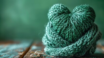 Knitted green scarf, shaped like a heart, on rustic wooden surface