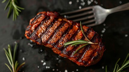 Grilled steak with rosemary sprig and salt flakes on dark surface, fork in back