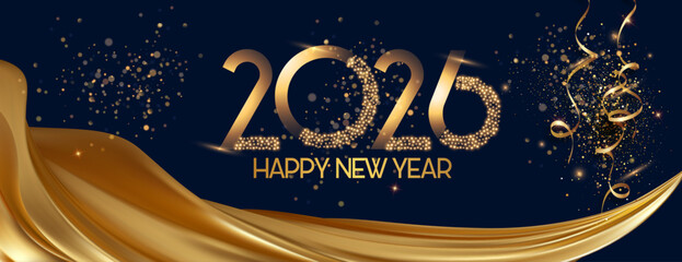 card or banner to wish a happy new year 2026 in gold with a drape of gold-colored fabric on a black background with gold sequins and streamers