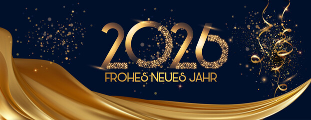 Karte oder Banner, um ein frohes neues Jahr 2026 in Gold mit einem Vorhang aus goldfarbenem Stoff auf schwarzem Hintergrund mit goldenen Pailletten und Luftschlangen zu wünschen