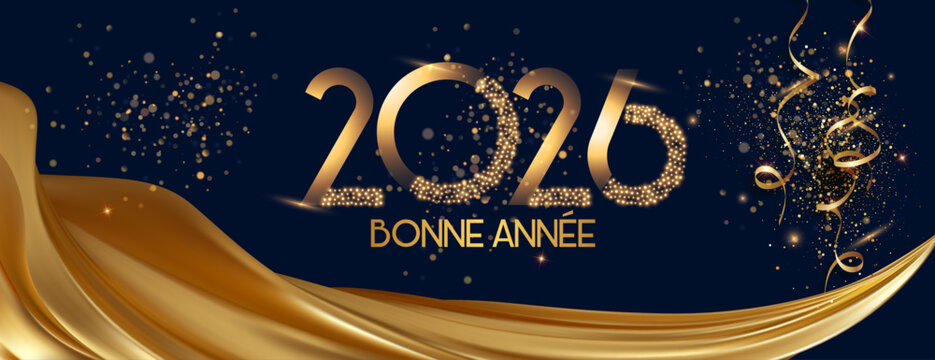 carte ou bandeau pour souhaiter une bonne année 2026 en or avec un drapé de tissu couleur or sur fond noir avec des paillettes et des serpentins or	