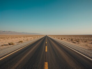 Minimalist Desert Highway Vanishing Into Horizon with Heat Haze and Sparse Vegetation