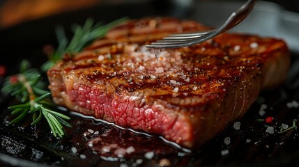 Grilled steak, fork pierces the juicy meat. Seasoned, close up