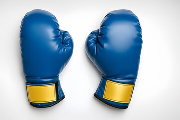A pair of blue boxing gloves with gold-yellow accents on the wrist area, positioned facing each other on a white background.