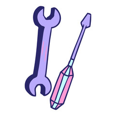 hand drawn cartoon doodle of a spanner and a screwdriver in bright neon color