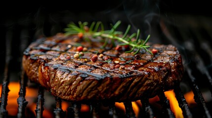 Grilled steak on fire with rosemary and spices, with char marks and smoke
