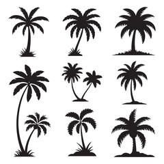 Collection of nine distinct black palm tree silhouettes with varied trunk shapes and frond styles set against a clean white background
