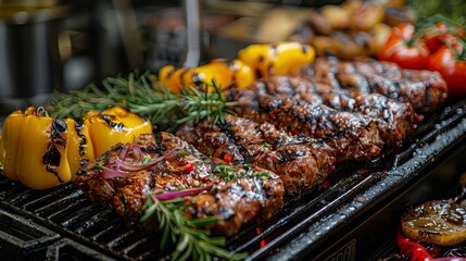 Grilled steaks, peppers, and tomatoes rest on a grill with herbs