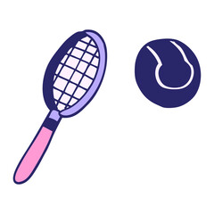 cartoon doodle tennis racket and ball in bright neon color