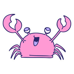 hand drawn quirky cartoon happy crab in bright neon color