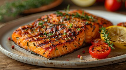 Grilled salmon filet with herbs, tomatoes, and lemon on a rustic plate, wood table