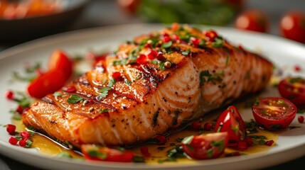 Glazed salmon fillet plated with halved tomatoes, herbs, and scattered pomegranate seeds