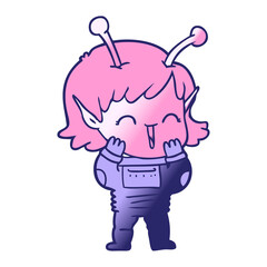 cartoon alien girl giggling in bright neon color