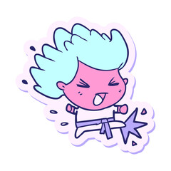 sticker of a cartoon kicking karate champ in bright neon color