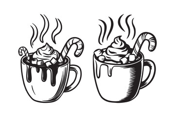Cozy hot chocolate mugs with whipped cream and candy canes