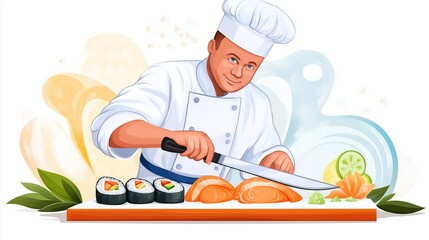 Smiling japanese chef skillfully slices fresh salmon for sushi rolls in vibrant kitchen setting