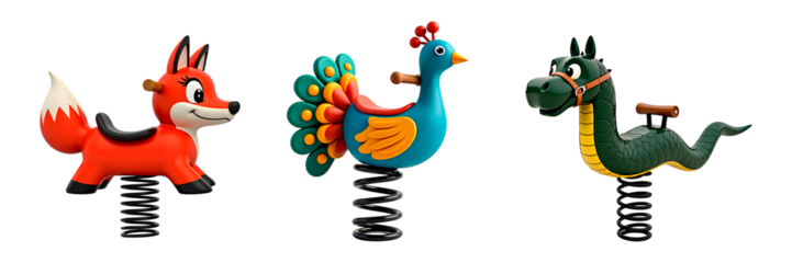  Set of 3 isolated Playground Spring Rider – ginger fox, blue peacock with multicolored tail, and snake in harness