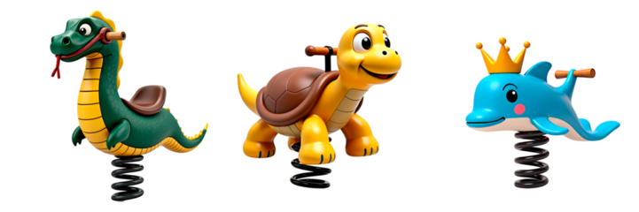  Set of 3 isolated Playground Spring Rider – yellow turtle with brown shell, blue dolphin with yellow crown, and green-yellow snake-lizard with bridle