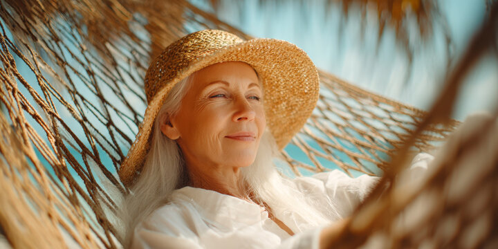 A serene woman with a straw hat and white hair relaxes in a hammock on a sunny beach, eyes closed in contentment, embodying ultimate relaxation and a peaceful vacation.