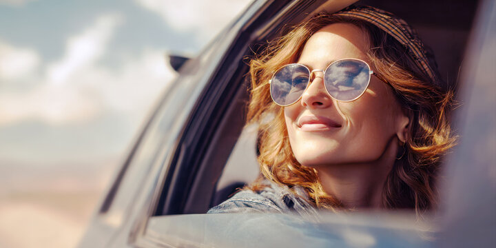 A radiant woman with a beaming smile and stylish sunglasses gazes out the car window, enjoying the open road and warm sunshine. This image evokes feelings of joy, freedom, and the thrill of travel