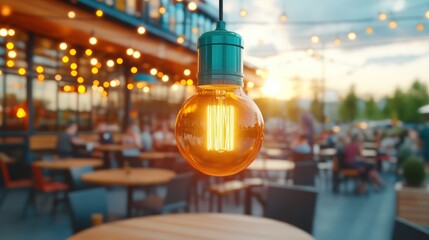 Hanging edison bulb emitting warm glow, with blurred background of outdoor restaurant at sunset