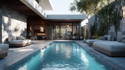 Tranquil Swimming Pool Oasis with Stone Walls and Lush Greenery