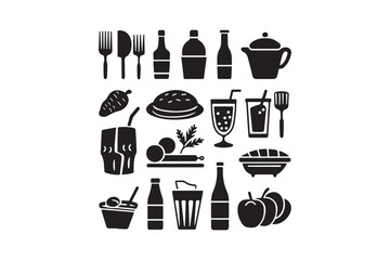 Collection of black and white food and drink icons for culinary themes