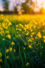 Fototapeta premium Golden Meadow Blossoms at Dusk with Warm Sunlight Highlighting the Natural Beauty of Nature
