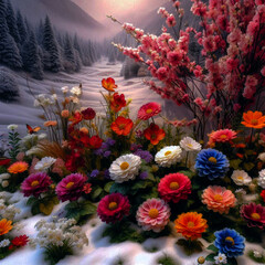 Vibrant Spring Flowers in a Snowy Mountain Landscape; Artistic, Dreamlike, Serene.